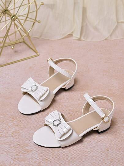 1 par de sandalias de tacón alto de cuero sintético con decoración de lazo de cristal brillante y brillantes para niñas, adecuadas para princesa, que combinan con vestidos de verano, ocasiones formales, bodas, actuaciones y uso diario