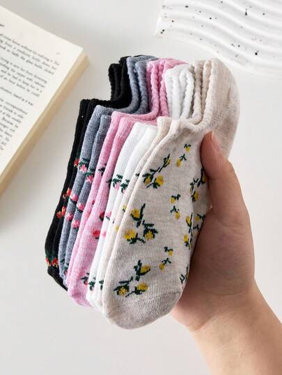 5 Pairs Women's Floral Print Boat Socks, Suitable For All Seasons, Random Colors