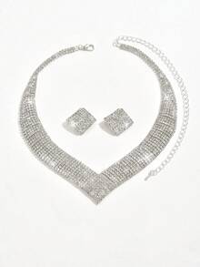 طقم قلادة مجوهرات أنيق مرصع بالكريستال ذو تصميم هندسي وشرابات، مناسب للعرائس والسيدات، مناسب للحفلات الراقية والسهرات الفاخرة. (متعدد الأنماط للاختيار منها) - فضي - مشاهدة 11