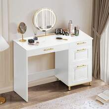 Modern Computer Desk With 4 Drawers, Modern Home Office Desks With Golden Handles And Drawers, Computer Table For Small Spaces, Black/ White - White - View 9