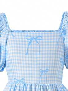 Vihyde Tween Girl Plaid Bow Print Puff Sleeve Vacation Style Dress - Baby Blue - View 6