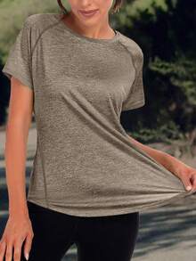 Women's Solid Color Sports T-Shirt - Round Neck, Lightweight, Short Sleeve, Elastic Polyester Blend, Suitable For Spring & Summer, Dyed Loose Basic Style, Casual Half Sleeve Blouse - Brown - View 3
