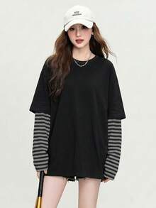 JUTU Spring & Autumn Black Striped Patchwork Sleeve T-Shirt, Comfortable Loose Fit Long Sleeve Top, Young Lady Style Casual - 2A19 Black - View 3