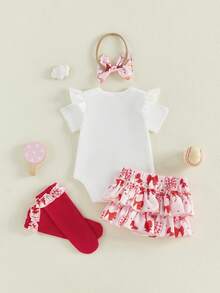0-12Months Baby Girl My First Baseball Season Outfit Set, Ruffle Sleeve  + Ruffle Bloomers + Headband + Socks, Newborn Infant Sports Clothes - 白色 - 查看 3