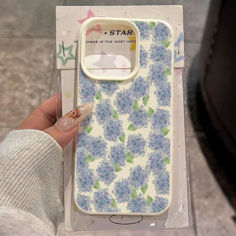 1pc TPU Material Healing Blue Hydrangea Flower Print Phone Case Compatible With Iphone 17 Pro Max/17/16 Pro Max/15/13/12/11, S20 FE/A15/S24/A55, Compatible With Redmi Note 11/12/13 Pro, Full Coverage Anti-Drop Soft Protective Phone Cover - White - View 1