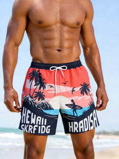 1 قطعة شورت سباحة هاواي للرجال، بنطلون شاطئ بخصر مطاطي، طباعة هاواي بتدرج برتقالي، طراز عطلة، قابل للغسل في الغسالة، مناسب للشاطئ الصيفي، العطلات، وأنشطة التزحلق على الأمواج