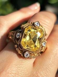 1pc Popular Women's Fashion Luxury Vintage Personalized Yellow Zirconia Ring, Wedding Engagement Party Jewelry Gift - Gold - View 6