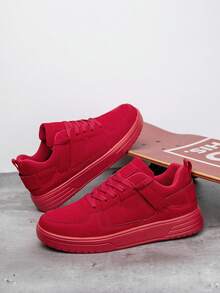 Men's Solid Red Leather Patchwork Sneakers, Classic Lace-Up Retro Casual Walking Commuting Flat Shoes - Red - View 6