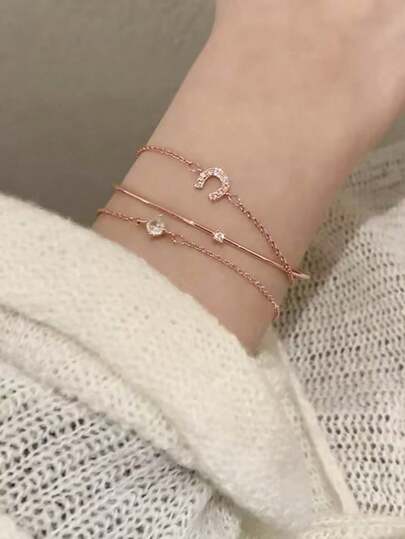 3개 미니멀리스트 우아한 럭셔리 말굽 상감 다이아몬드 플레인 뱅글 팔찌 세트, 여성 일상 착용에 적합 (물 접촉 피하기)