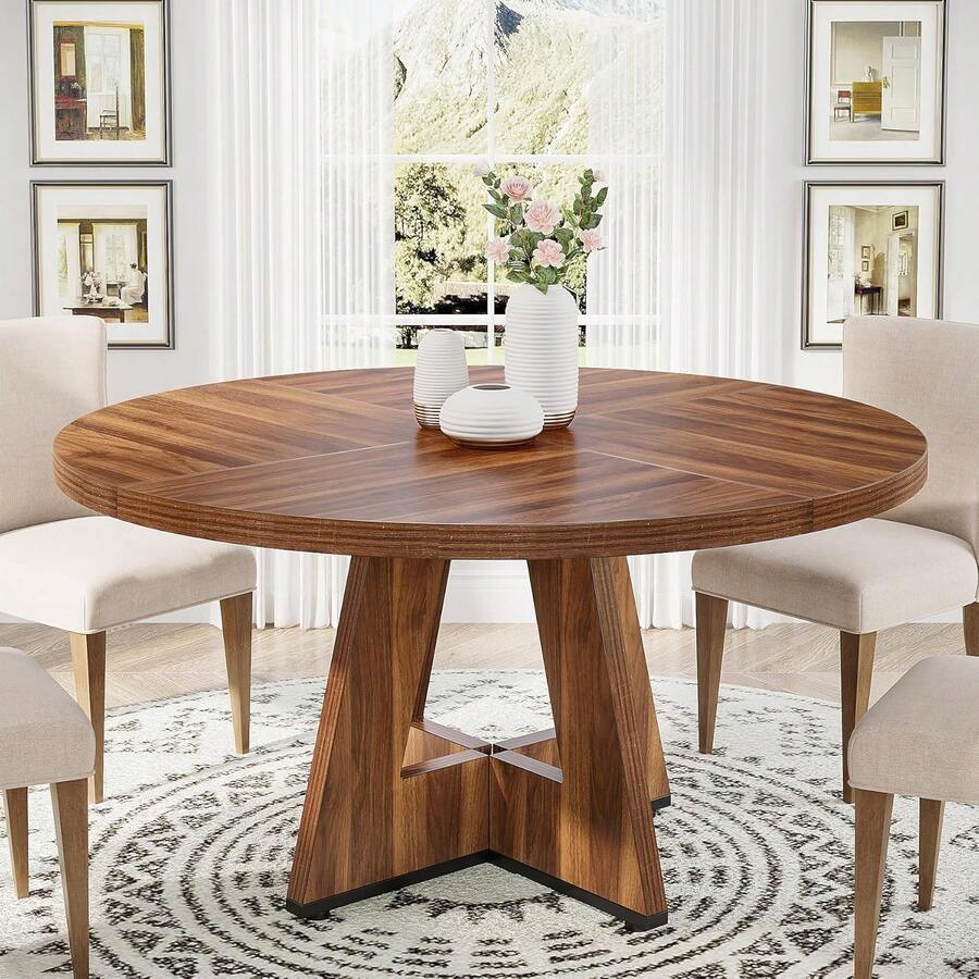 LITTLE TREE Farmhouse Dining Table, 120 Cm Round Dinner Table For 4, Rustic Wood Dining Room Table For Home Dining Room Living Room (Easy Assembly) - Brown - View 1