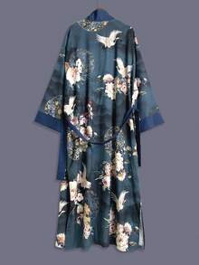 Bohemian Style Printed Mid-Length 3/4 Sleeve Kimono Cover Up Thin Jacket, Women Elegant European And American Street Casual Coverup, Beach Travel Holiday Haori Thin Robe Bathrobe Robe - Blue - View 3