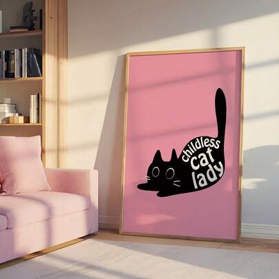 1幅趣味黑猫墙画帆布印刷品|粉色黑猫装饰画，适用于卧室、客厅或办公室家居装饰，女性力量海报，送给她的礼物，可选择无框或有框