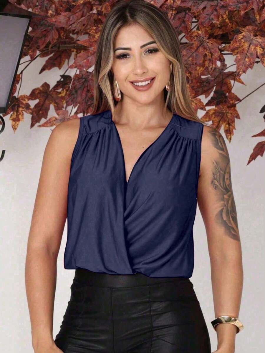 Women's Tank Top In Supplex Fabric, Simple, Casual, Party, Crossover, Ruched, Asymmetrical, Evening. - Navy Blue - View 1