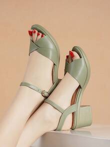 Women's White Open Toe Chunky Heel Sandals, New Summer Style - Green - View 3