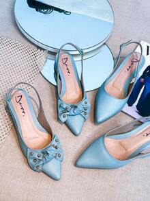 Slingback Open-Toe Pump With A Heel Below 3cm. - Light Blue - Plain - View 10