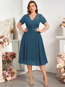 V-Neck Ruffle Lace Print Chiffon A-Line Swing Dress, Semi-Formal Party Dress, Suitable For Valentine's Day, Summer, Birthday, Graduation, Back To School - Dusty Blue - View 10