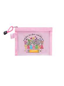 1个花卉“教师”图案网眼化妆包 - 拉链旅行收纳袋，多功能化妆包，收纳整理包，便携式化妆品收纳袋，珠宝配件收纳袋，是返校、生日、节日、教师节的理想礼物，创意教师礼品洗漱包，护肤包，洗漱旅行包，女士度假必备旅行包，大容量旅行包 - 彩色 - 查看 11