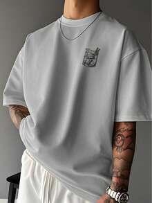 男士字母印花圆领短袖T恤，夏季 - 灰色 - 查看 2