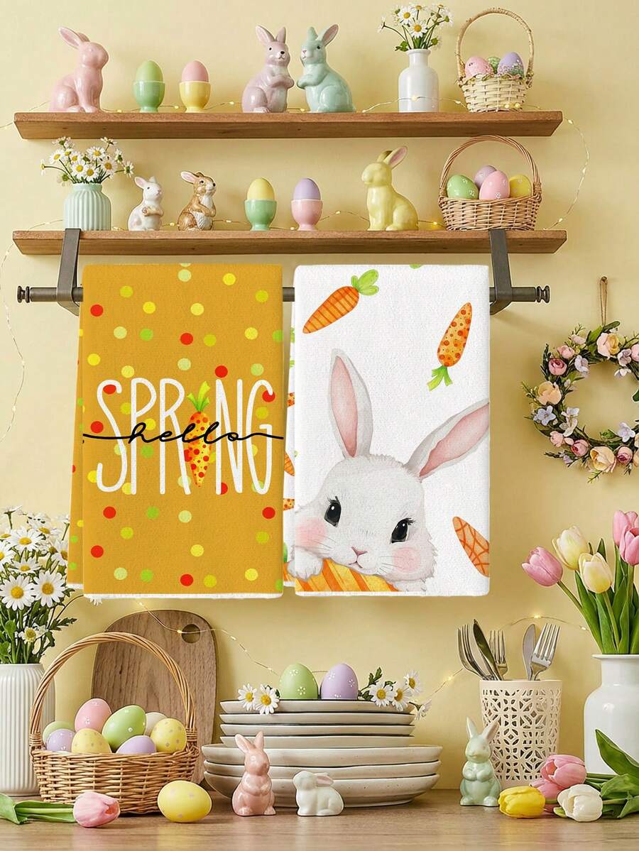 2 Pcs Cute Bunny Eating Carrot Pattern Kitchen Towels Yellow Polka Dot Easter Dish Towels Can Be Used In Kitchen Drying Hand Towels Tea Towels - Yellow - View 1