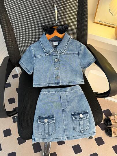 2pcs Girls' School Style Short Sleeve Top And Matching Skirt Set, Versatile For Daily Wear, Outdoor, School, Commute, Vacation