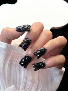Y2K风格鸭嘴手工美甲贴纸，透明甲片，镶嵌黑色水钻，3D闪亮设计，全覆盖亮片人造指甲，适合派对、户外、海滩、日常、节日、聚会、工作和特殊场合，10片/包，手工按压式美甲贴片 - 黑色 - 查看 3