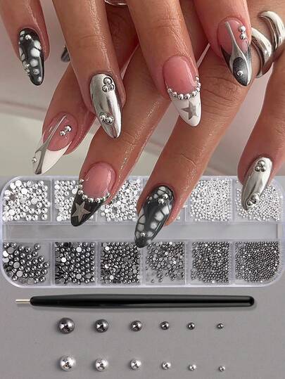 12 Grid Gold Sliver Half Round Steel Beads Nail Art Decoration, Nail Magnetic Pen For Steel Ball, Mini Small Stainless Steel Caviar Beads Micro Ball Charm Gel Polish Tips Manicure Supplies