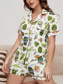 2pcs Women Vegetarian Print Short Sleeve Shorts Pajama Set, Comfortable Polo Collar Pink Patchwork Knit Top With Front Button Pockets, Elastic Waist Pants, Suitable For All Seasons Casual Loungewear - 白色 - 查看 7