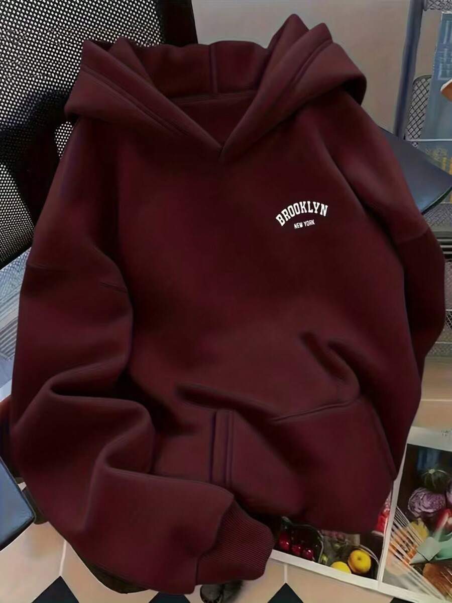 Adult Kangaroo Hoodie With Brooklyn Print, Chest 1127, Winter Sweatshirt With Pockets And Hood With Drawstring, Winter Style - 鏽棕色 - 查看 1
