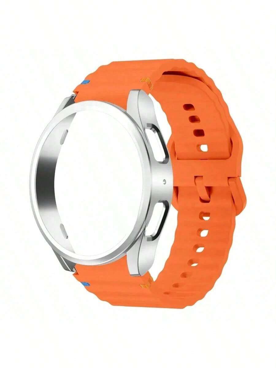 SMART WATCH MX Correa Sport Para Galaxy Watch 7/6/5 + Case + Vidrio Templado - Naranja/Plata - Ver 1
