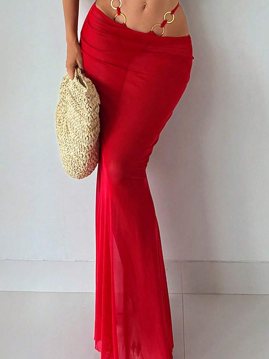 1 chiếc áo khoác ngoài ren móc xuyên thấu gợi cảm kiểu Bohemian màu trơn, dáng chữ S, thích hợp cho mùa hè. - Đỏ - Xem 1