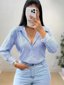 Women's Striped Long-Sleeved Dress Shirt, Crepe Fabric - 淺藍色 - 查看 2