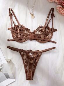 两件套女士性感内衣套装，棕色，超薄透气网纱，花卉刺绣，纯真迷人，包含文胸和丁字裤；情人节约会的完美之选 - 棕色 - 查看 2