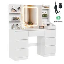 Devoko Modernt sminkbord med glidande spegel och LED-lampa med 3 lägen, sminkbord med 5 stora lådor i vitt - Vitt - Visa 7