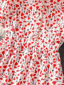 女士夏季印花蕾丝边V领短袖优雅度假连衣裙 - 紅色 - 查看 5