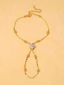 New Eid Al-Fitr Square Finger-Linking Bracelet For Women, European & American Bridal Wedding Minimalist Rhinestone Hand Chain, Fashion Ball Jewelry - Gold - View 3