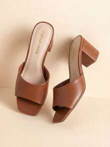 Women Chunky Low Heel Mule Sandals, Comfortable Square Open Toe Slide Sandals Slip On, Versatile Minimalist Chunky Heel Sandals For Summer Spring Casual Wearing - Brown - View 1