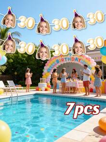 7/14/21pcs Customized Photo Text 30th Birthday Face Banner Decor Personalized Repeated Face Age Number Banner Birthday Party Decoration Backdrop - Multicolor - View 11
