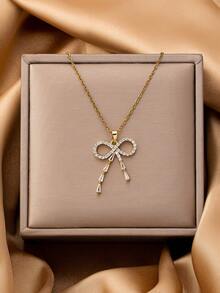 1 Pc 18K Gold Stainless Steel Cherry Butterfly Moon & Star Heart Pendant, Crystal Bow Charm Necklace, Spring Summer Jewelry For Women Daily Wear - Multicolor - View 2