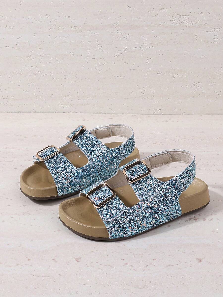 1 Pair Girls' Fashion Gold Buckle, Glitter Princess Sandals, Suitable For Summer, Beach - Mint Green - View 1