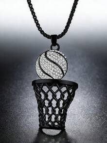 嘻哈时尚男士首饰，黑色不锈钢水钻篮球框吊坠项链（配24英寸链） - 黑色 - 查看 3