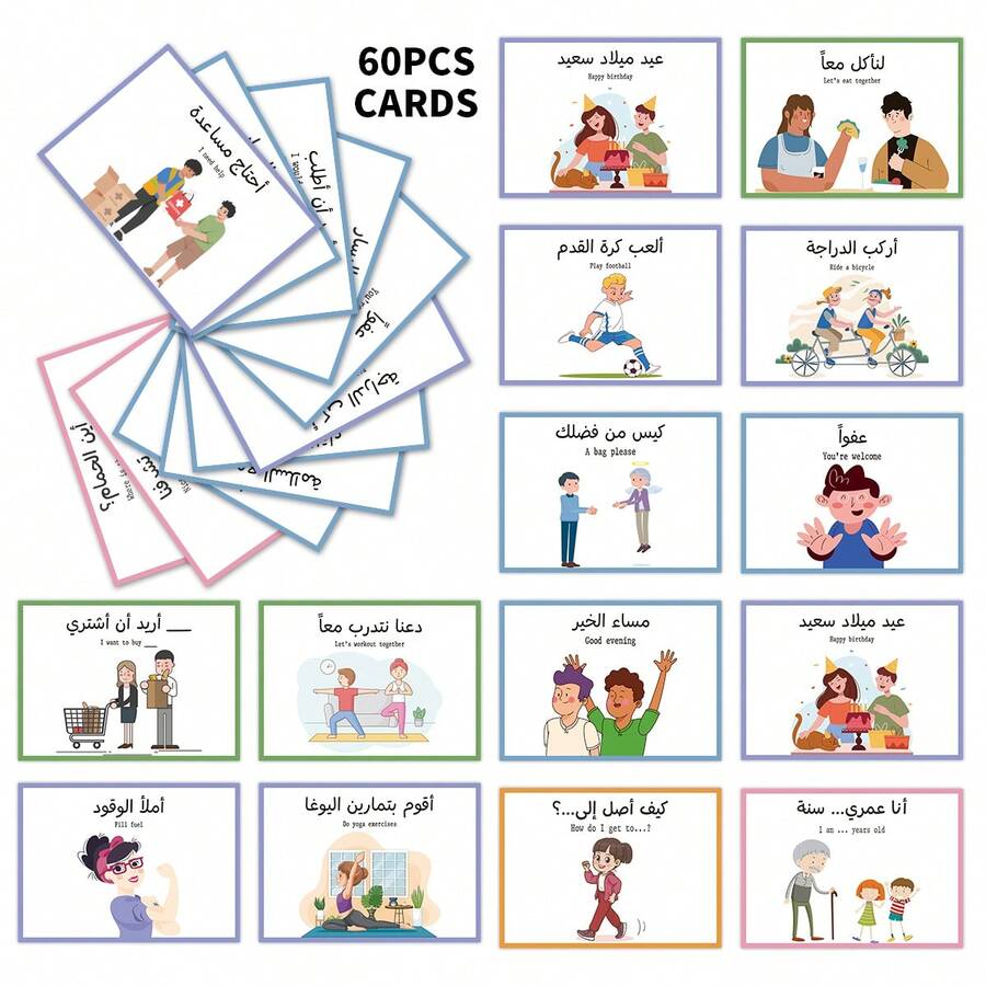 60张阿拉伯语短语学习闪卡，包含旅行和日常使用的基本阿拉伯语短语，适合初学者学习，附英文翻译。 - A - 查看 1