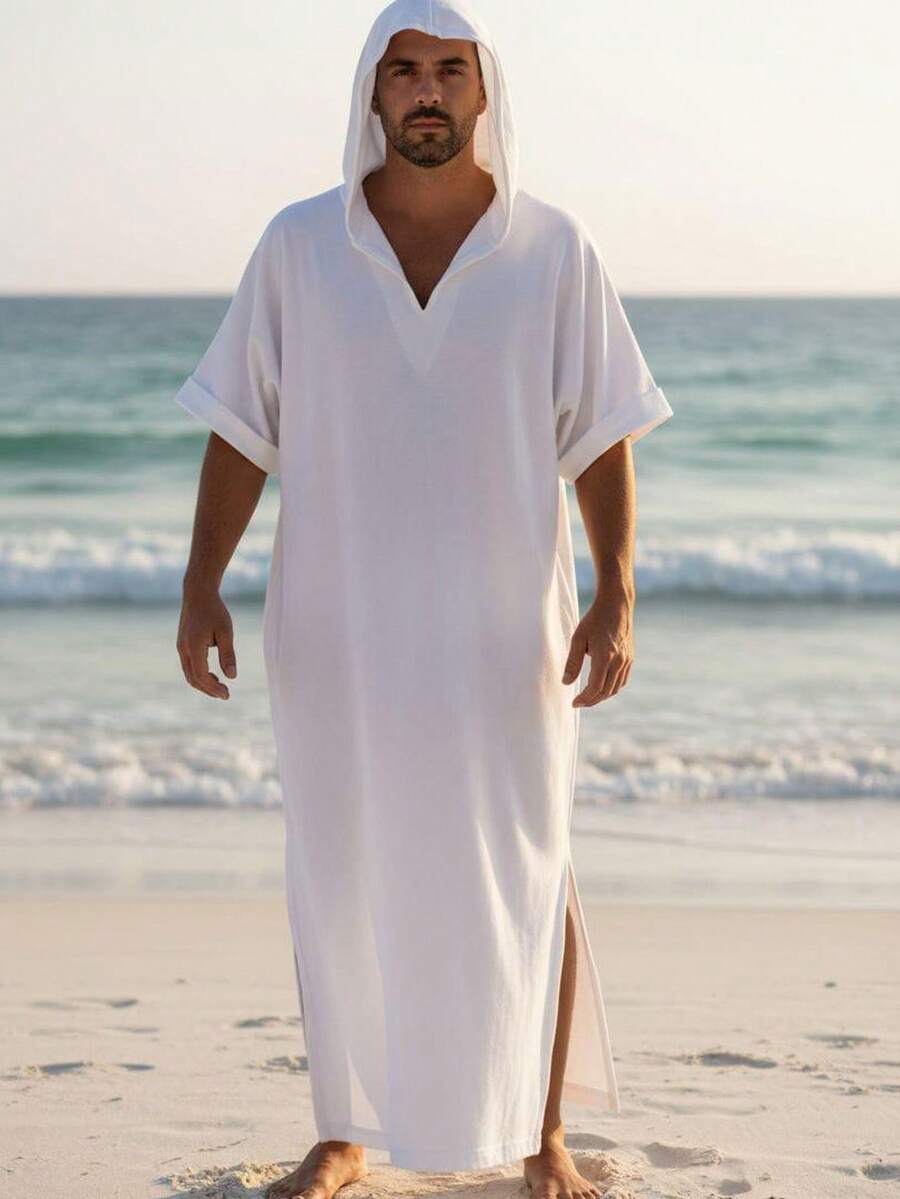 Cubrecuerpo de playa de algodón con capucha, de unicolor, transpirable y de verano para hombres. Túnica larga con manga corta y abertura, de estilo tradicional de Oriente Medio - Blanco - Ver 1