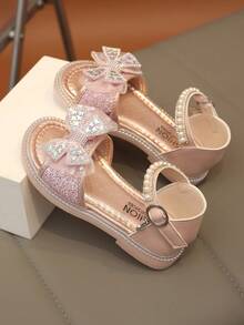 1 Pair New Girls' Flat Sandals With Bowknot, Shiny Princess Sandals, Wear-Resistant Non-Slip Lightweight Soft, Suitable For Daily, Casual, Party Wear - Pink - View 3