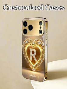 1pc Customizable 26 Letters & Name Design With Gold Rhinestone Heart Pattern Electroplated Tempered Glass Phone Case, Compatible With Iphone 17 Pro Max/17 Air/16/15/13/12/11/XS Max/6 7 8 Plus, High-End Business Custom, Built-In Lens Protector, Holiday Gift, Birthday Gift, Couples, Pets, Friends, Classmates, Siblings, Family, Fashionable High-Definition Protective Cover - Gold - View 5