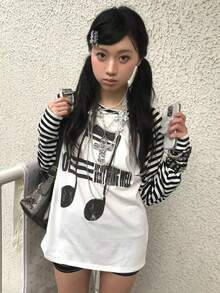 1-Piece American Retro Y2K Girly Long Sleeve T-Shirt With A Loose, Fluffy Design And Star Illustration, Outerwear Base, Autumn Top - 白色-3 - 查看 1