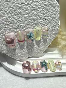 10 Pieces Summer Vitality Dopamine Handmade Press On Nails Balloon Heart Star Sweet And Cute False Nails Removable And Reusable Nail Supplies(1 Sheets Jelly Stickers+1PC Nail File) - Pink - View 2