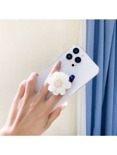 Elegant Minimalist 3D White Pearl Rose Flower Phone Grip Stand, Expandable Desktop Holder
