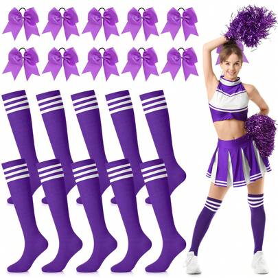 Long Cheerleader Socks 8  Hair Bows Youth Softball Soccer Football Athletic Socks For Youth Adults Sport Games(Set Of 20,Purple)