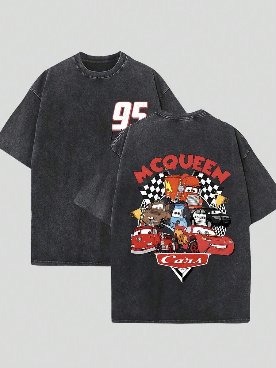 [Official Authorization] 1pc Cars Series_ Double-Sided Printed T-Shirts For Men And Women, Disney Fans - 黑色 - 查看 1