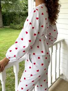 Women Spring Heart Outfit Long Sleeve V Neck Ruffled Tops And Straight Pants 2 Piece Casual Set - 白色 - 查看 3